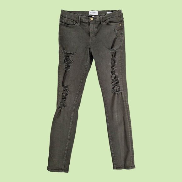 FRAME Womens Mid-rise Le Skinny de Jeanne Jeans Olive‎ Green Destroyed Size 31 - Picture 1 of 7